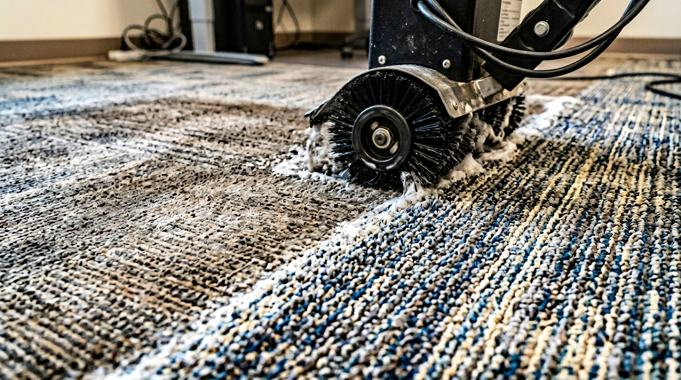 Close-up of a commercial rotary carpet scrubber showing a visible before-and-after transition on dirty commercial carpet fibers
