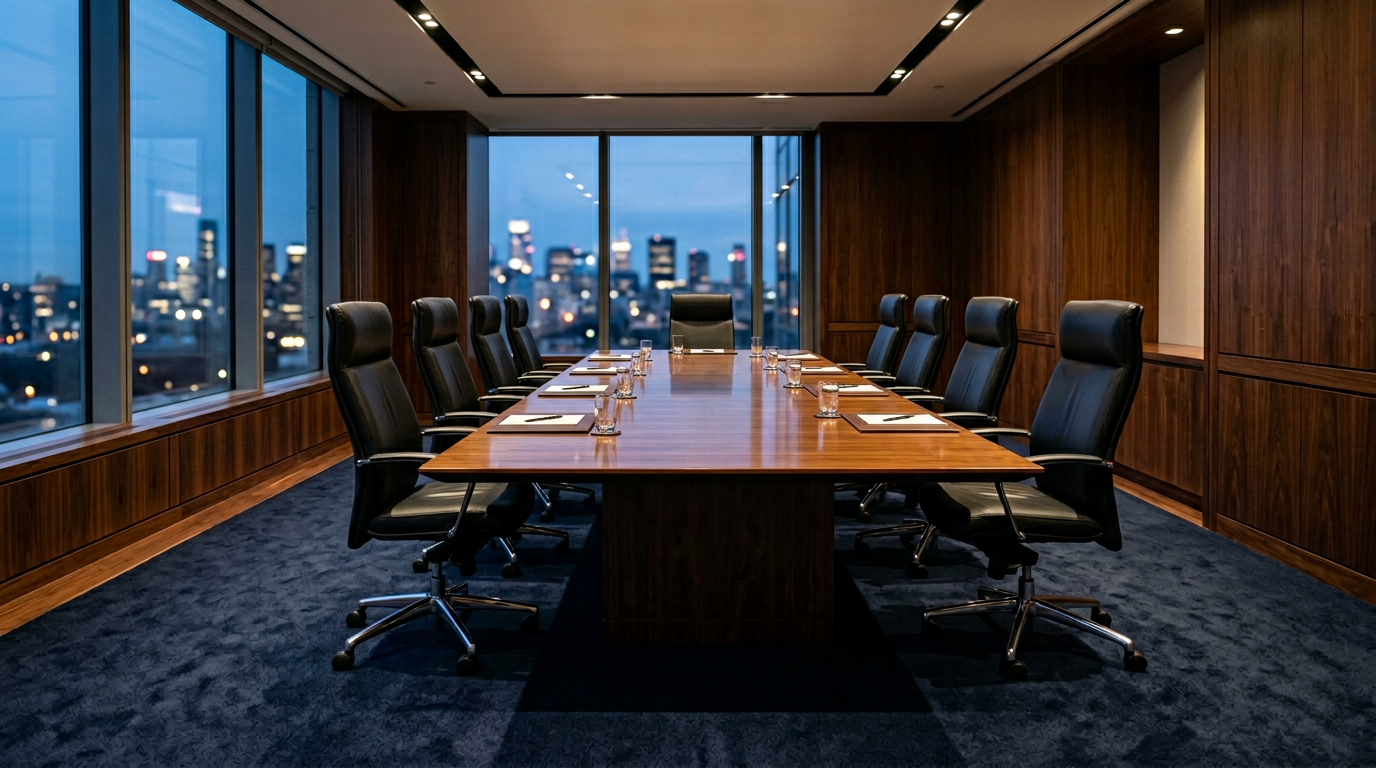Upscale Pasco County law firm conference room with pristine dark-navy commercial carpet professionally cleaned by A Good Clean Vibe