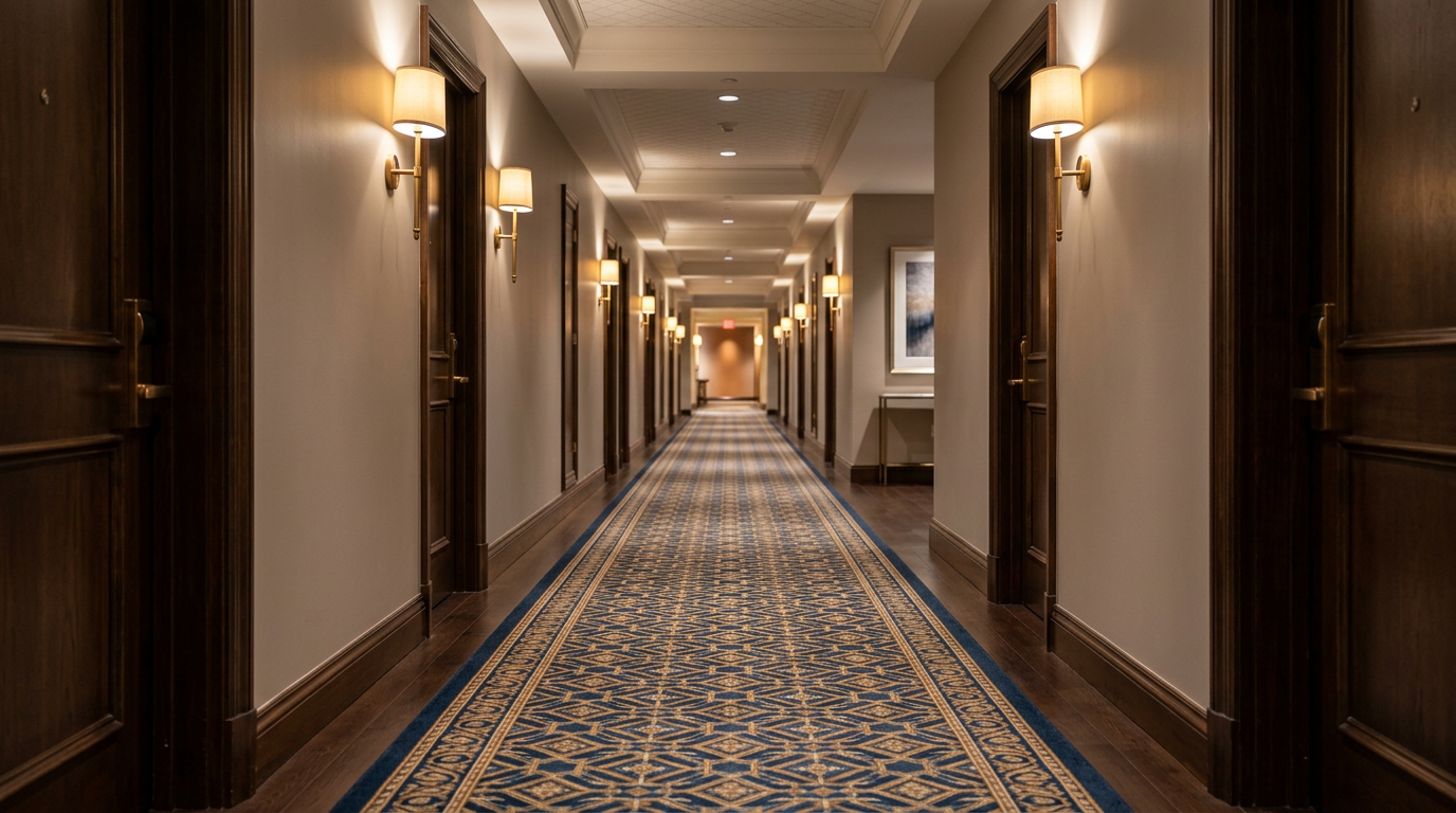 Upscale hotel corridor in Tampa Bay with a freshly cleaned patterned commercial carpet runner