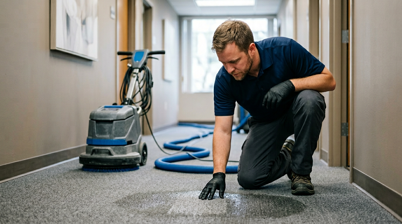 A Good Clean Vibe carpet cleaning technician inspecting a freshly extracted commercial carpet in a Pasco County office hallway