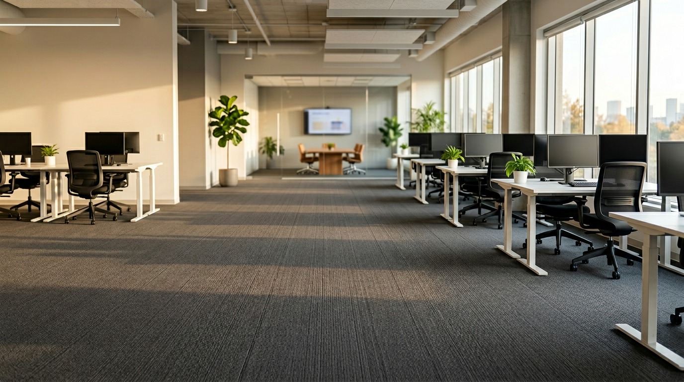 Pristine modern Pasco County office with freshly cleaned dark-grey commercial carpet showing uniform vacuum tracks and no traffic lanes