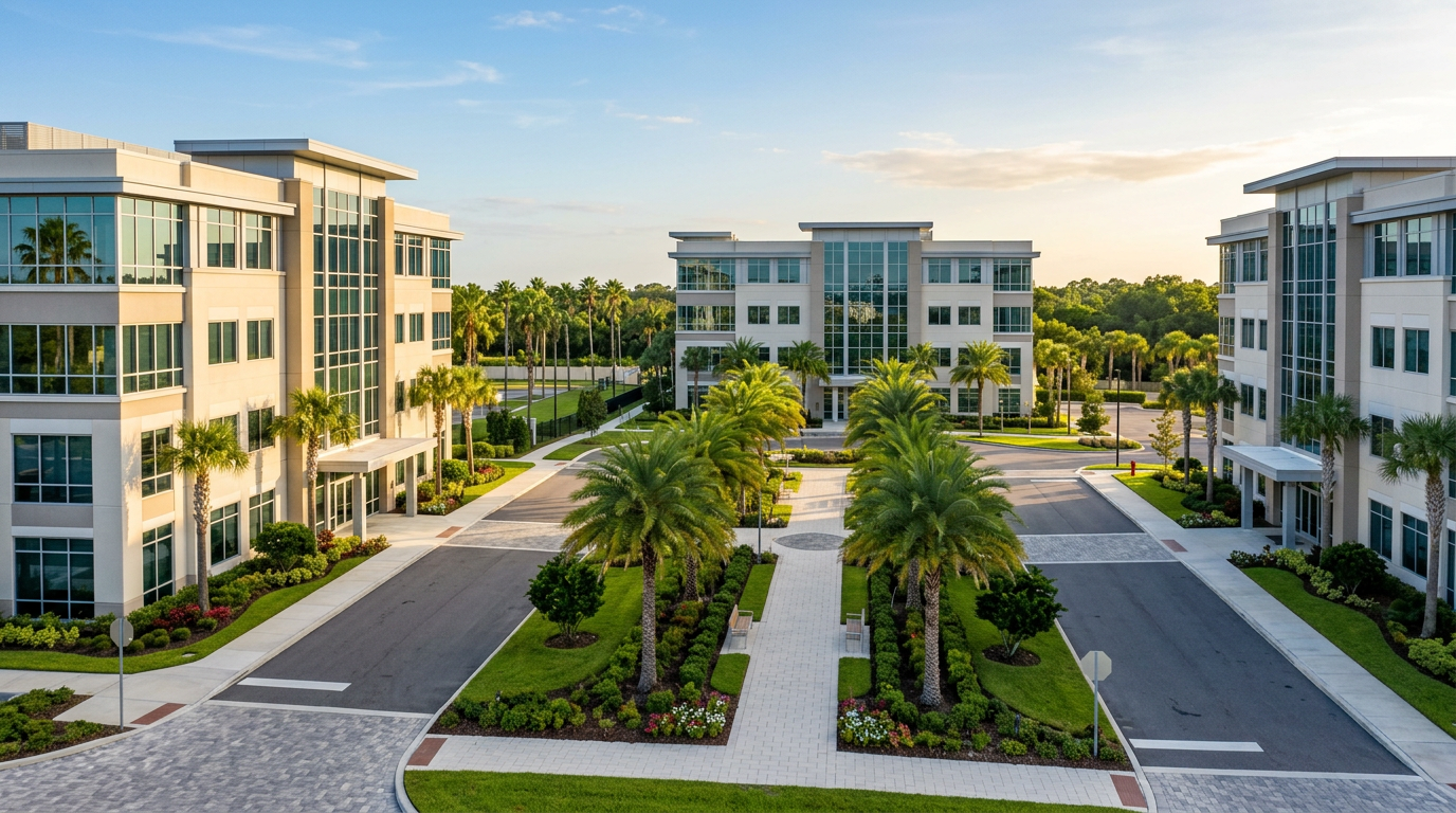 Modern commercial office park in Tampa Bay cleaned by A Good Clean Vibe