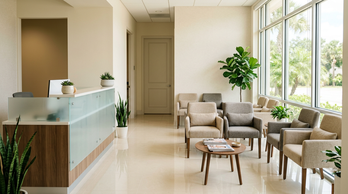 A pristine medical office reception area in Pasco County, Florida, cleaned by A Good Clean Vibe