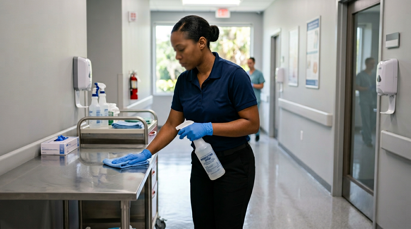 A uniformed A Good Clean Vibe crew member disinfecting a stainless medical counter with hospital-grade disinfectant in Pasco County