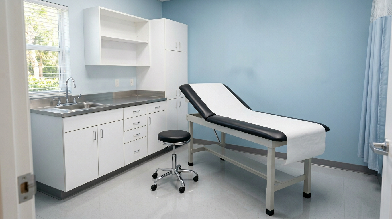 A freshly disinfected exam room in a Pasco County medical practice, reset and ready for the next patient