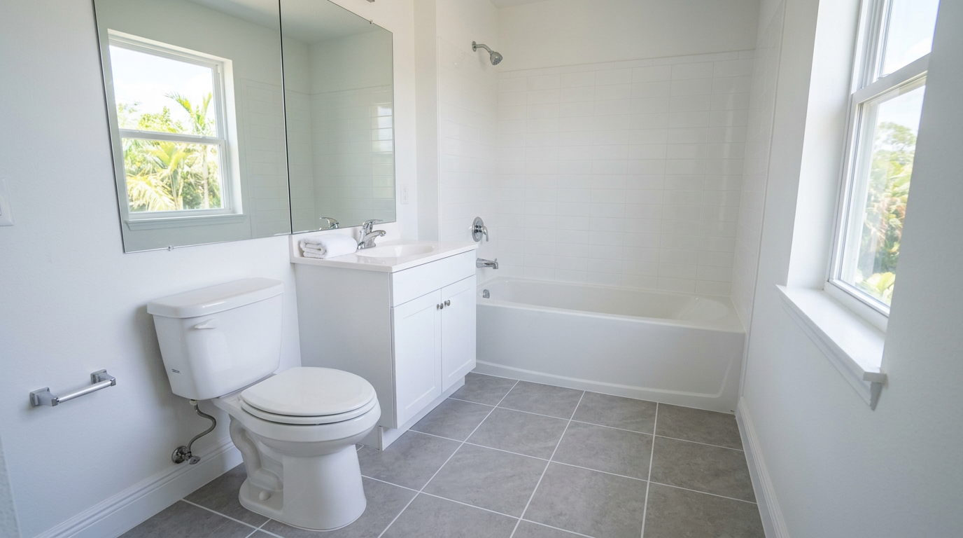 Spotless empty bathroom in a Pasco County rental turnover cleaned by A Good Clean Vibe