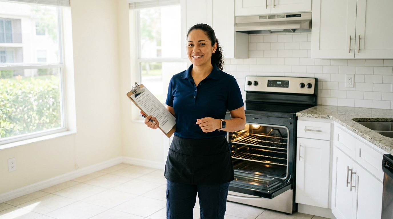 A Good Clean Vibe turnover lead inside a freshly cleaned Pasco County rental kitchen with an open, spotless oven