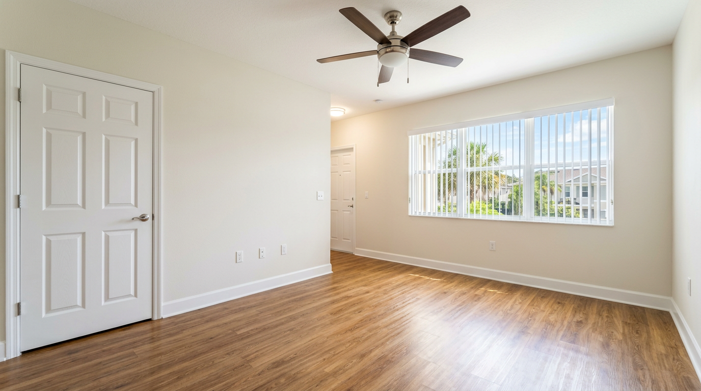 Spotless empty Pasco County rental with clean baseboards and move-in-ready floors, turnover-cleaned by A Good Clean Vibe