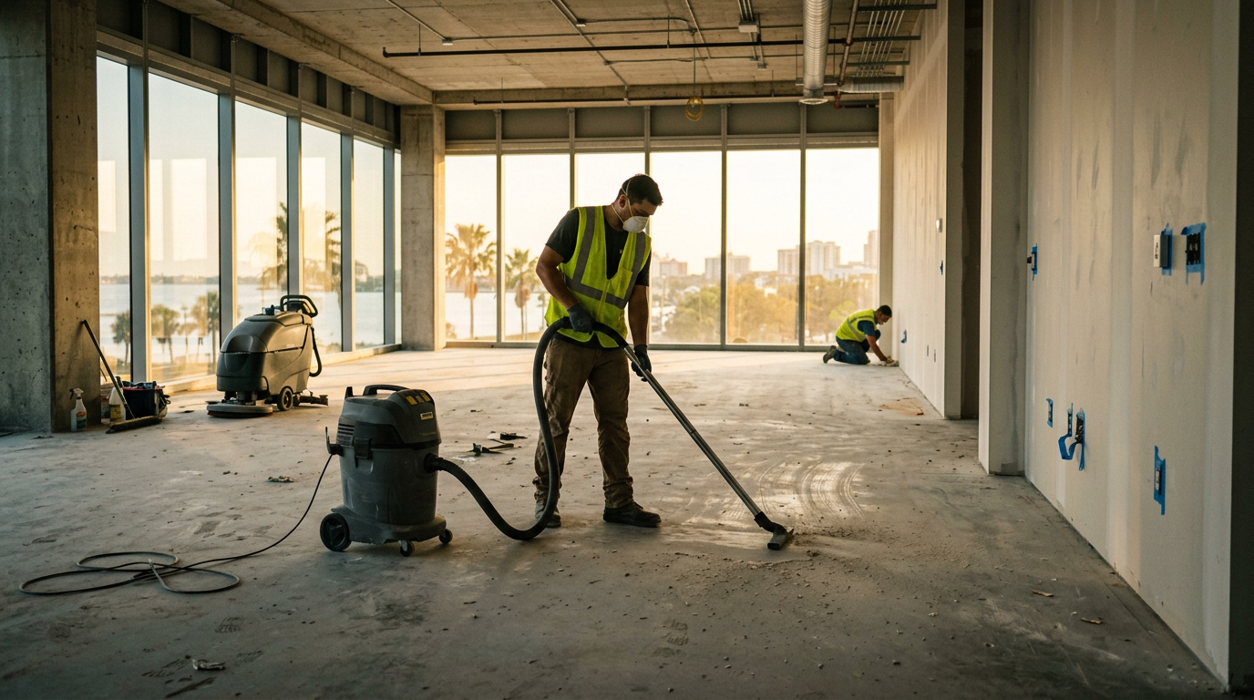 Post-construction cleanup in progress inside a Pasco County commercial build-out — drywall dust being HEPA-vacuumed by A Good Clean Vibe