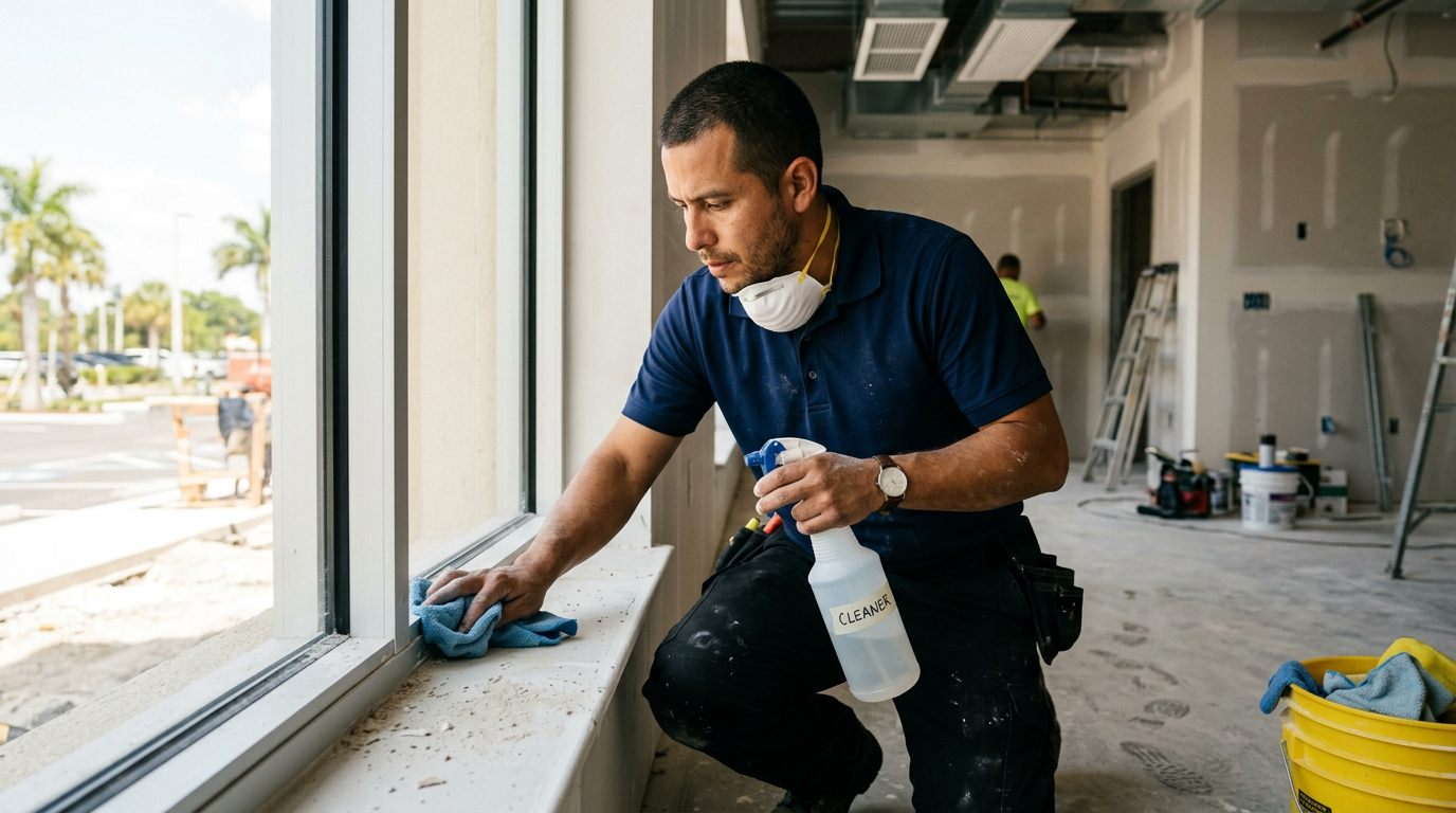 A Good Clean Vibe crew member detailing a windowsill inside a newly constructed Pasco County commercial space