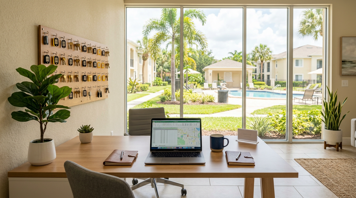 Pasco County property management leasing office with key board and portfolio turnover schedule