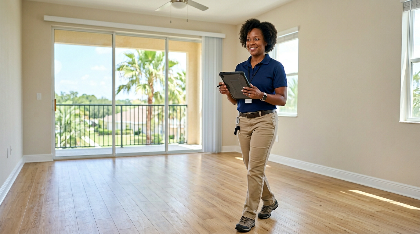 A Good Clean Vibe turnover manager doing a portfolio walk-through inside a Pasco County rental with a tablet