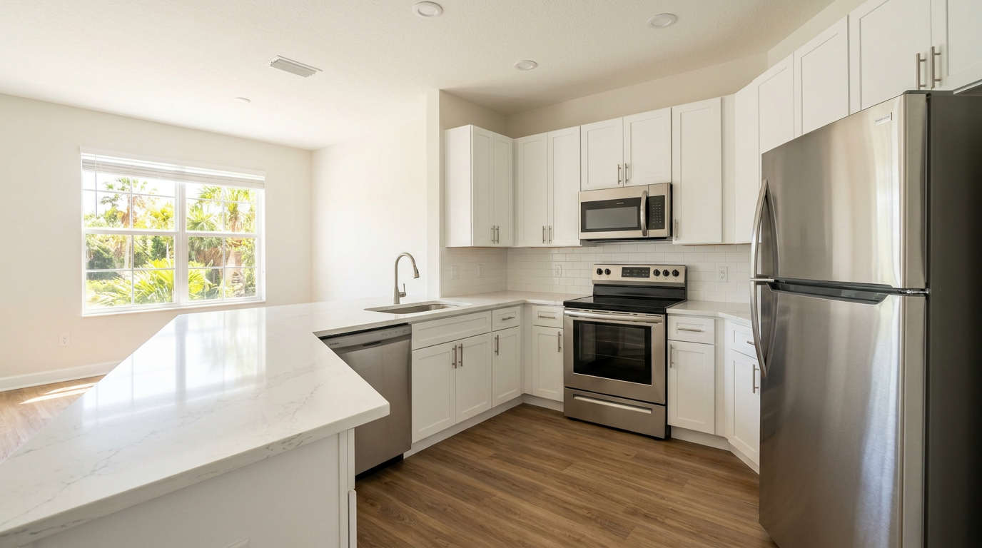 Spotless empty rental kitchen in a Pasco County property management turnover by A Good Clean Vibe