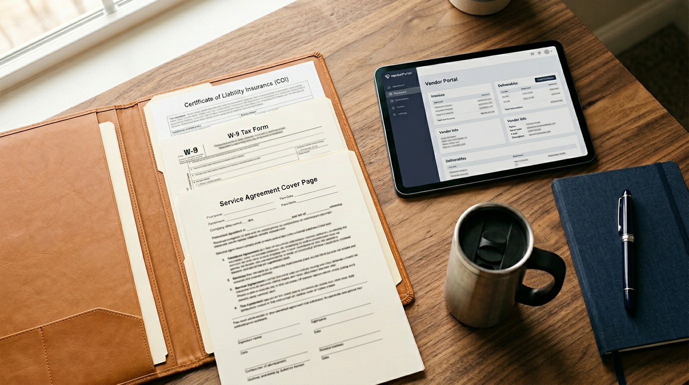 Vendor packet documents — Certificate of Insurance, W-9, and service agreement — organized for a property manager's procurement review