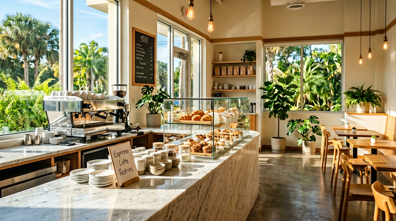 Clean café interior with spotless espresso bar in Pasco County