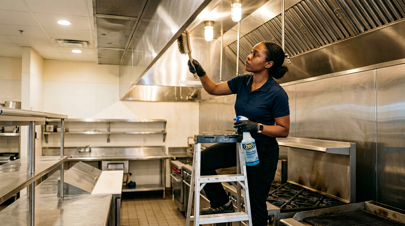 A Good Clean Vibe crew member degreasing a commercial kitchen hood in a Pasco County restaurant