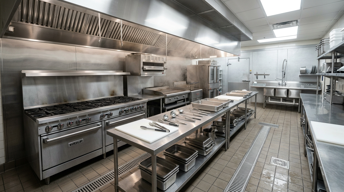 A pristine commercial restaurant kitchen in Pasco County freshly deep-cleaned and degreased by A Good Clean Vibe