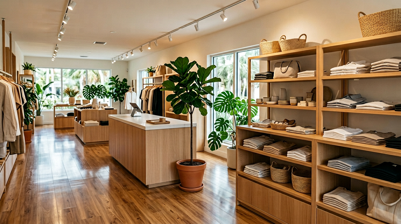 A pristine, brand-forward retail store interior in Pasco County, Florida, cleaned by A Good Clean Vibe