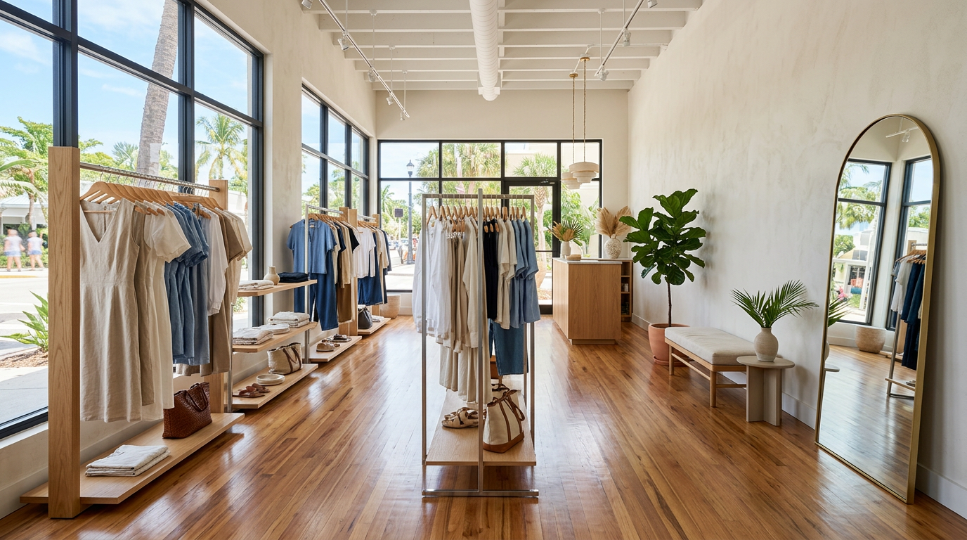 Clean boutique retail clothing store in Pasco County with polished hardwood floors