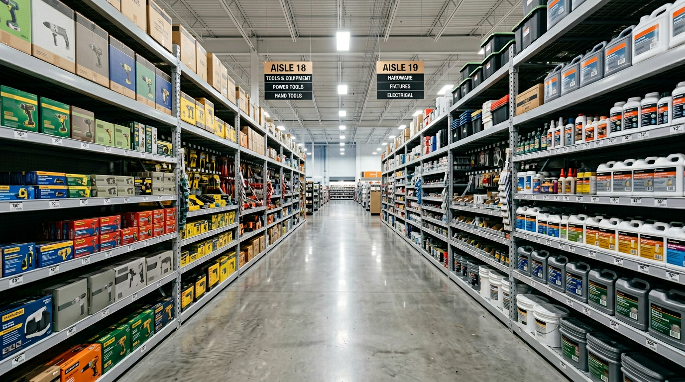 Clean specialty big-box retail aisle in Pasco County, Florida