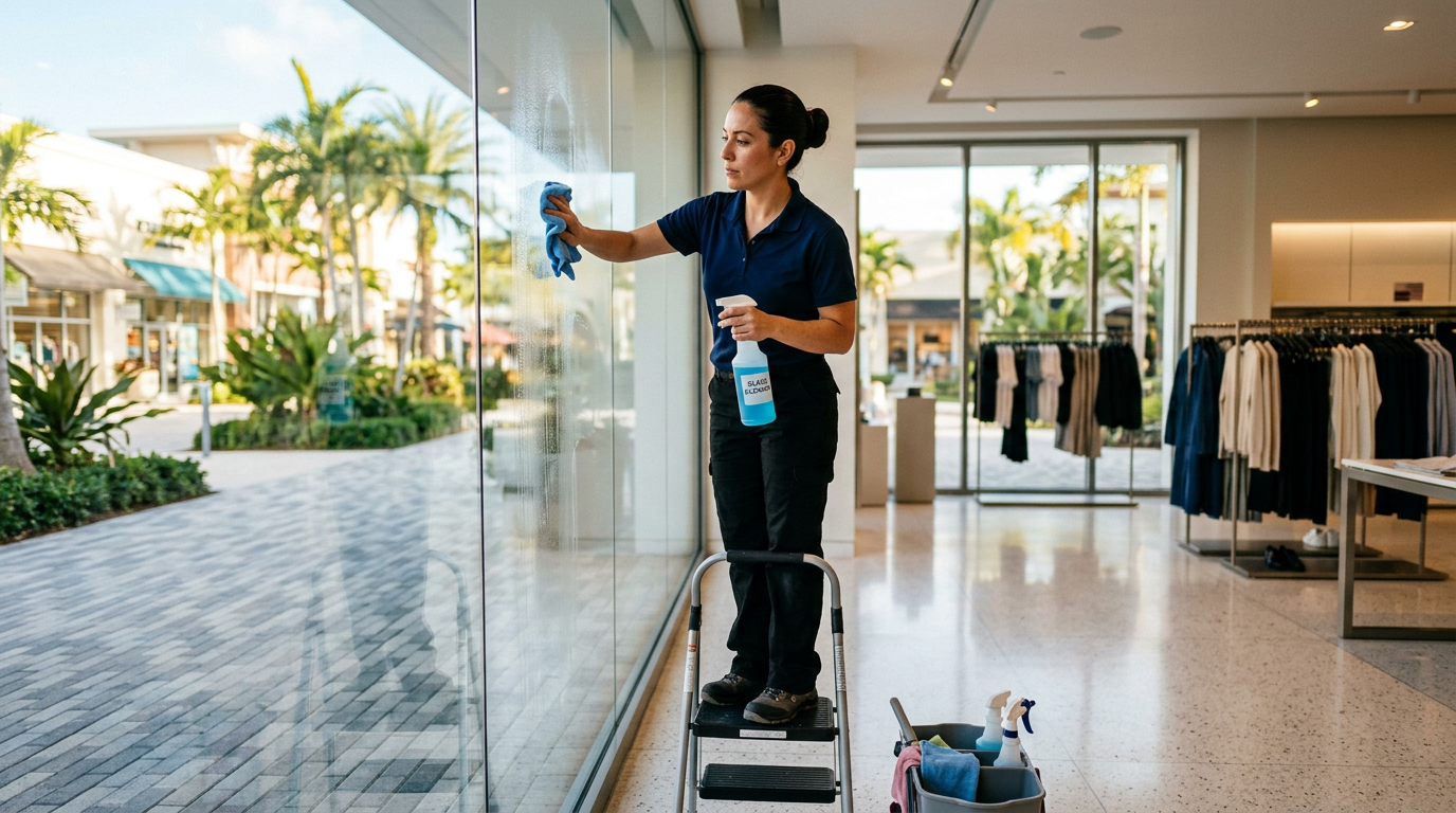 A Good Clean Vibe crew member cleaning a retail storefront window streak-free in Pasco County, Florida