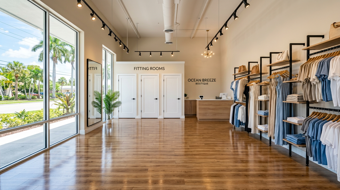 Spotlessly clean Pasco County retail store interior with gleaming floors and pristine fitting rooms