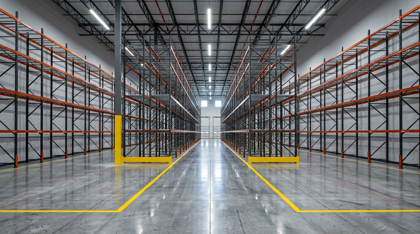 A clean, organized warehouse main aisle in Pasco County with polished concrete floor and sharp safety striping