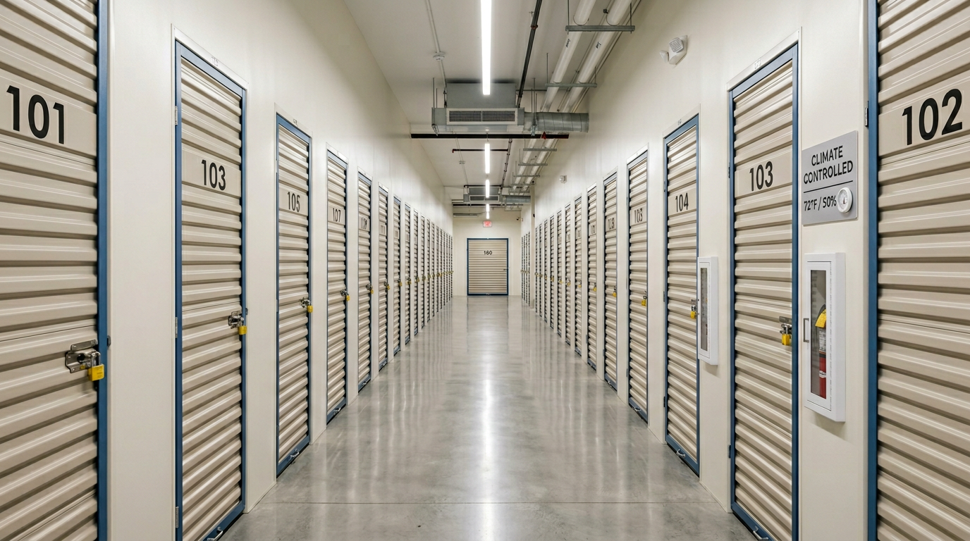 Clean self-storage facility hallway cleaned and maintained in Pasco County