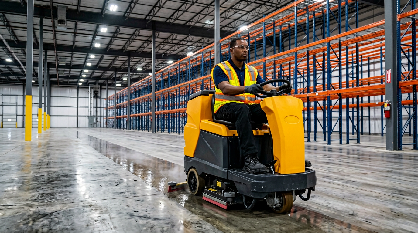 A Good Clean Vibe crew member operating an industrial ride-on floor scrubber in a Pasco County warehouse