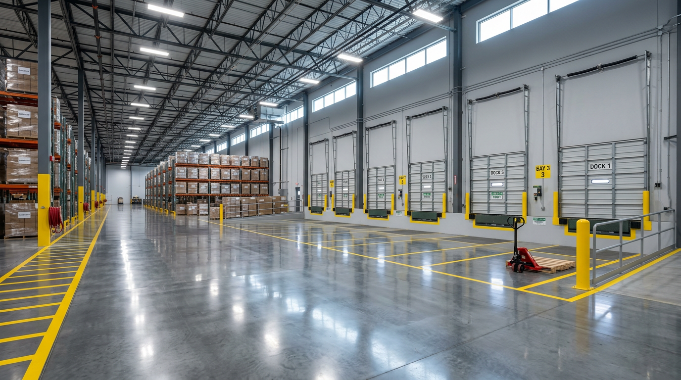 A spotlessly clean Pasco County warehouse loading dock with polished floors and fresh safety striping